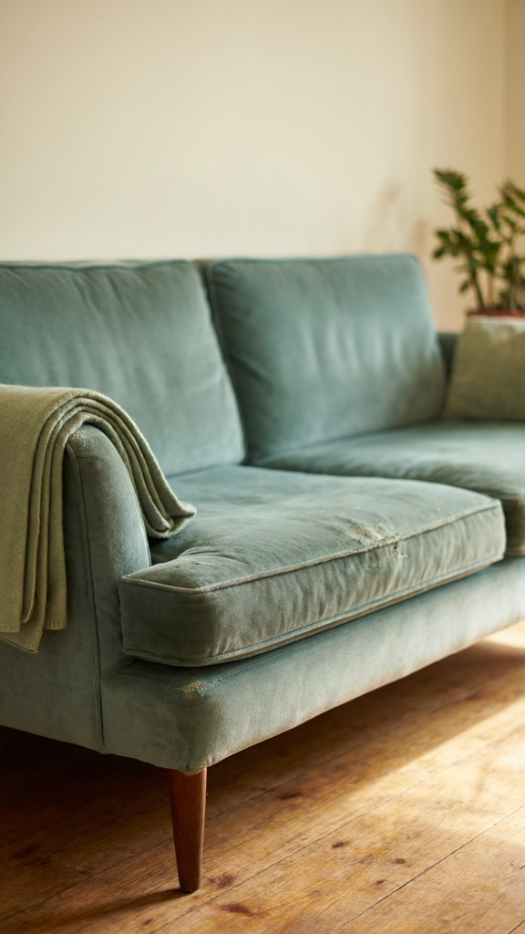 A living-room couch being photographed for resale