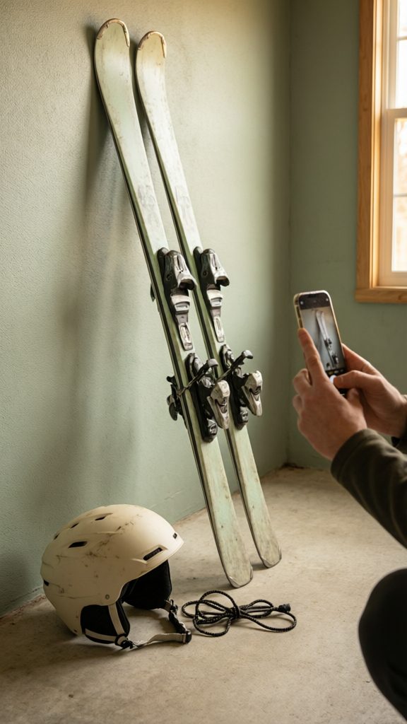A person photographing a pair of skis for resale