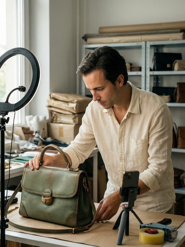 A professional seller carefully photographing and packing an item