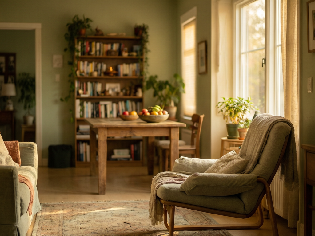 Sunlit home interior with well-loved objects in use