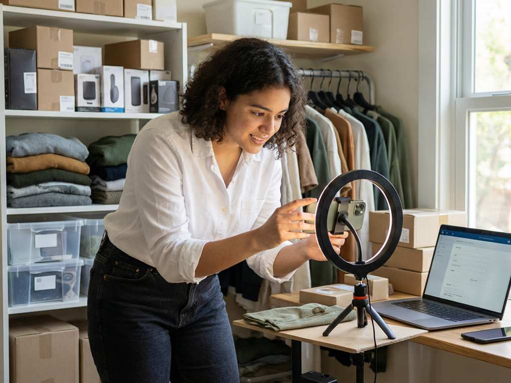 A professional reseller photographing and listing inventory
