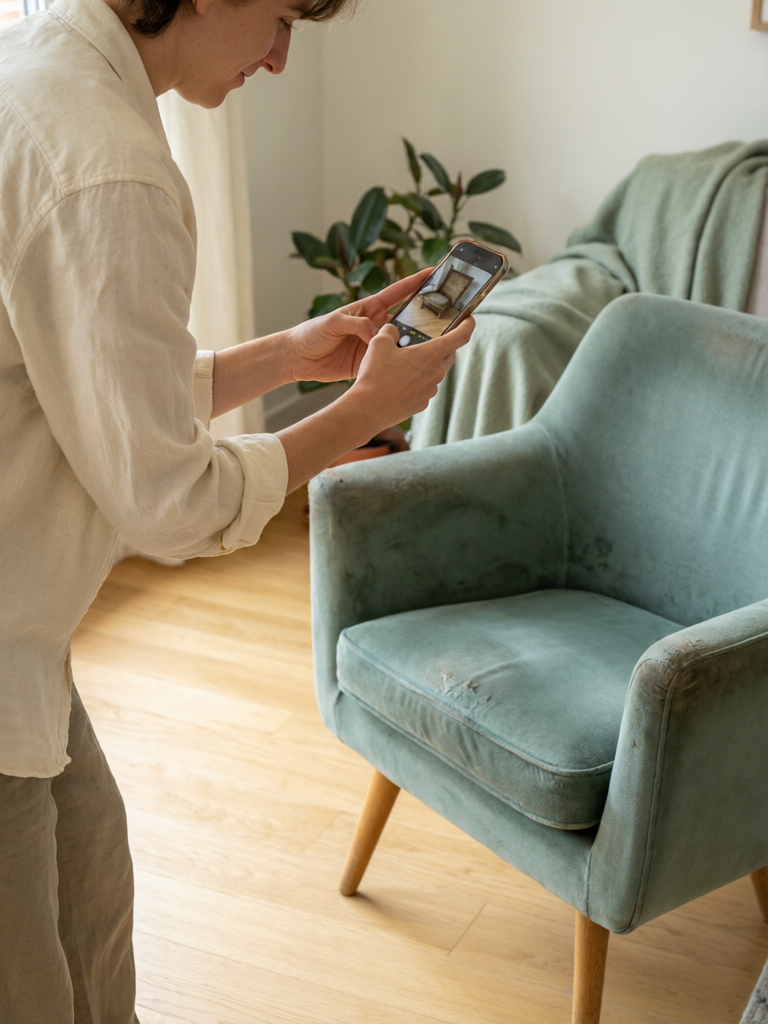 A person holding a phone to photograph an item at home for resale